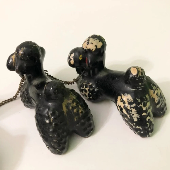 Vintage 60s Redware Poodle Family Set Mom Pups Black White on Chains Japan Flaws - Picture 8 of 16